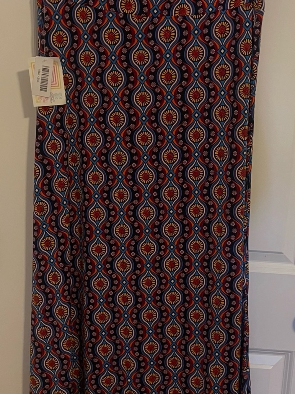 LuLaRoe Maxi Skirt in Navy, Red, Rust & Light Blue Geometric Print